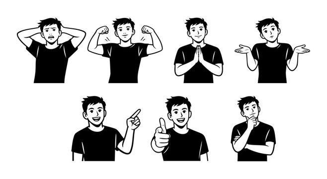 Set of young man showing various facial expressions and hand gestures &mdash; confident, thinking, pointing, shrugging &mdash; character emotion collection, doodle illustration
