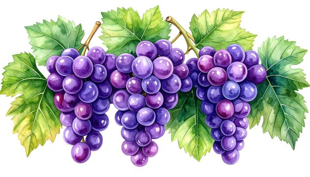 Purple grape bunches with lush green leaves, in watercolor style, isolated on a white backdrop