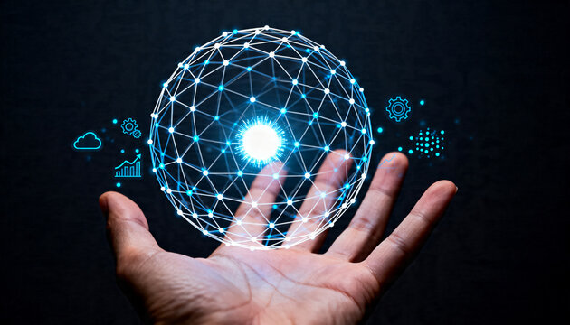 hand holding globe lock and key businessman holding a laptop with social network icons business graph on laptop mobile phone and globe on table ai-radial-chart-phone-ove data AI inforgraphcis 