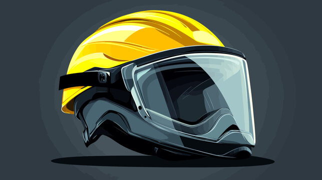 A yellow construction helmet with a clear face shield, set against a dark, layered grey background