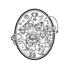 Fototapeta premium Children playing sports together, cartoon illustration with trophy and equipment.