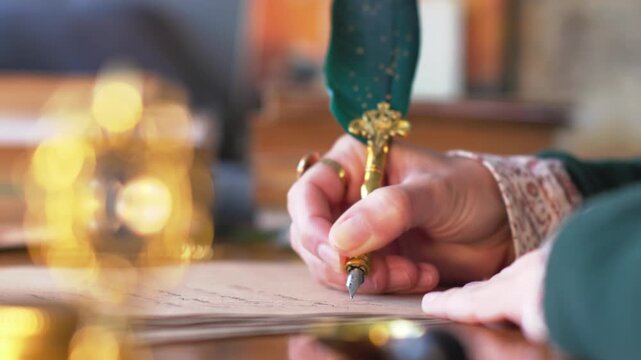 A close-up of a girl's hand writing a letter with a vintage fountain pen. The graceful curves on the paper are carefully traced with ink. The girl is writing a letter.