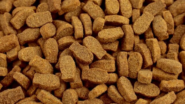 Brown kibble pieces of dry fish cat food circle rotation close up