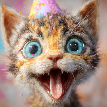 Close-up of a kitten's face frozen in pure derp mode crossed eyes, tongue lolling sideways, ears askew with {a single crumb stuck to its nosea tiny party hat tilted crookedlyblurred paws flailing in t