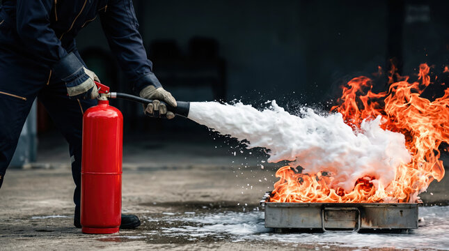 A firefighter is using a fire extinguisher to spray foam on a fire during a training session at an industrial area. The flames are intense as the firefighter aims to control the fire