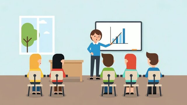 Teacher presenting a bar chart with business growth to a diverse audience. Education, corporate training, and data analysis concepts. Flat design animated illustration