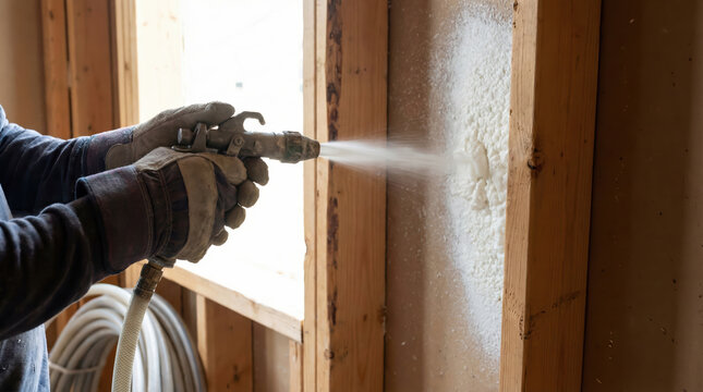 A worker uses a spray gun to apply insulation foam to a wall frame. This activity takes place in a building under construction during daylight hours