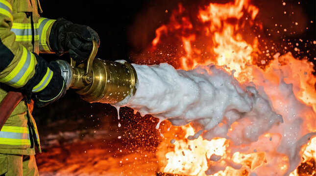 A firefighter aims a hose with foam at a large fire. The scene takes place at night, showing bright flames and smoke. The aim is to control and extinguish the blaze