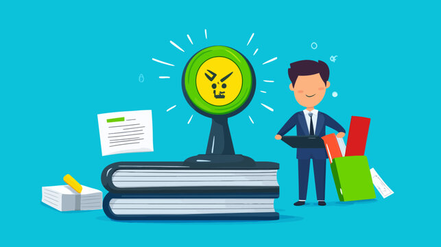 Illustration depicts a business theme with a frowning face stamp on books and a businessman