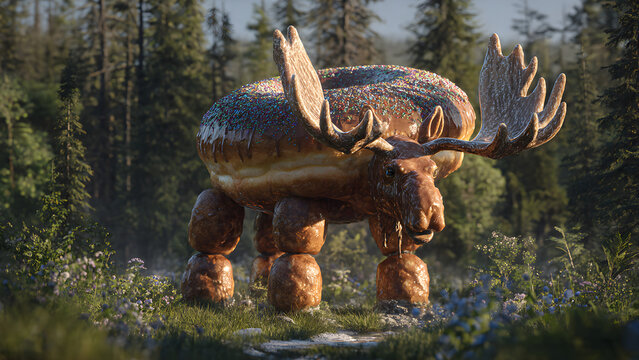 a towering, doughy monstrosity&mdash;part moose, part donut&mdash;standing in a sun-dappled forest clearing, its absurdity both majestic and unsettling. The creature's body is a massive, glazed donut, its cinnamo