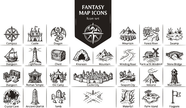 Fantasy Map Icons Collection Set Vintage Sketch Style Cartography Medieval Map Fantasy World Map Symbols Adventure Mapping Vector Illustration