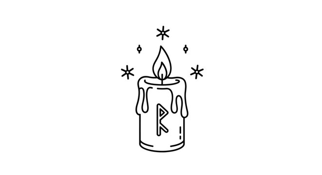 a black and white illustration of a candle with a rune on the side.