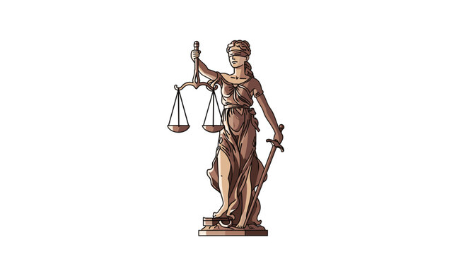 A majestic bronze-colored statue of Lady Justice stands blindfolded while holding balanced scales and a long sword against a stark white background in this illustration.