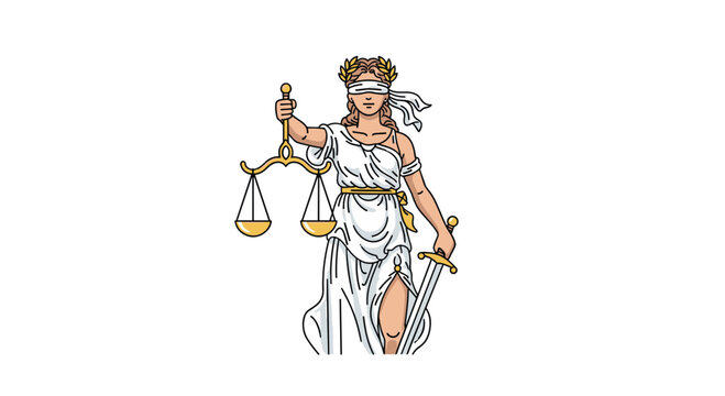 A pristine illustration of Lady Justice wearing a white classical robe and a laurel wreath holds golden scales and a silver sword with gold accents.