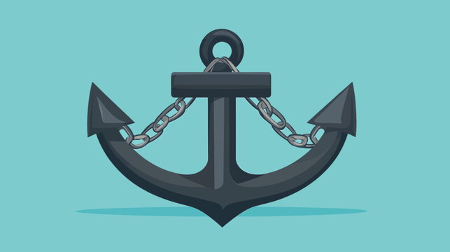 A stylized illustration of a maritime anchor with chains and an oval ring. It is dark gray on a teal background