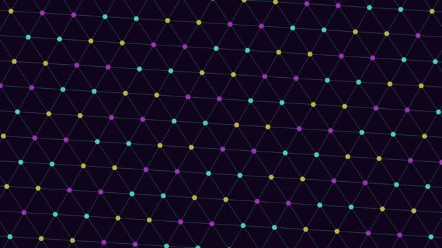 Abstract technology background with glowing colorful nodes connected by thin lines in a geometric grid pattern, representing data, communication, AI, and digital networks