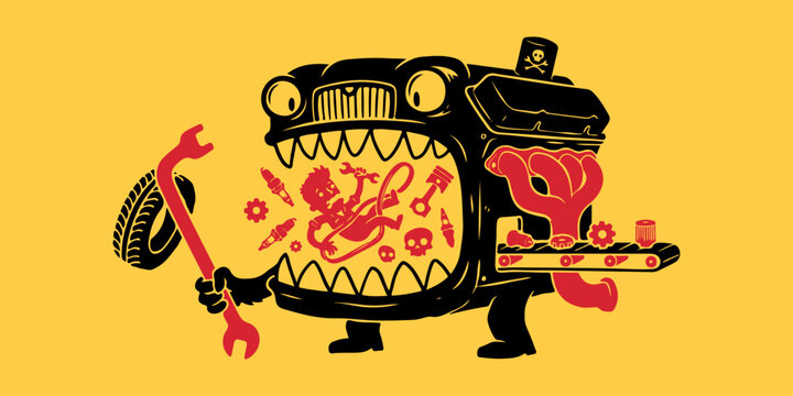 Funny Cartoon Car Engine Monster Eating Mechanic and Auto Parts Illustration