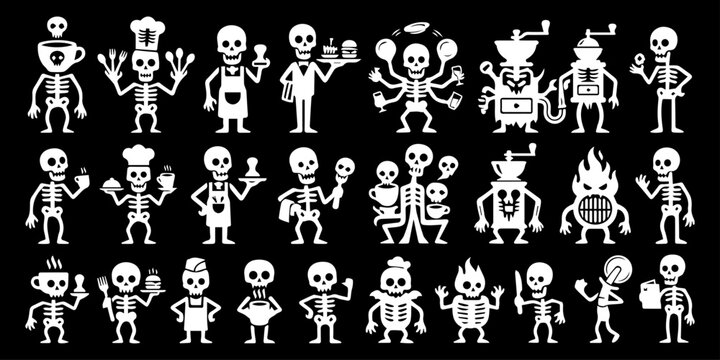 Funny Skeleton Restaurant and Coffee Bar Staff Vector Icons Collection