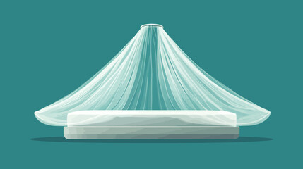 A stylized illustration features a platform topped with a draped, sheer canopy in light shades, on a turquoise background