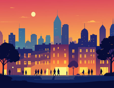 Paisaje urbano al atardecer con siluetas de personas caminando entre edificios.
