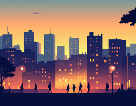  Escena urbana con personas caminando y edificios iluminados en estilo plano, ilustraci&oacute;n vectorial.

