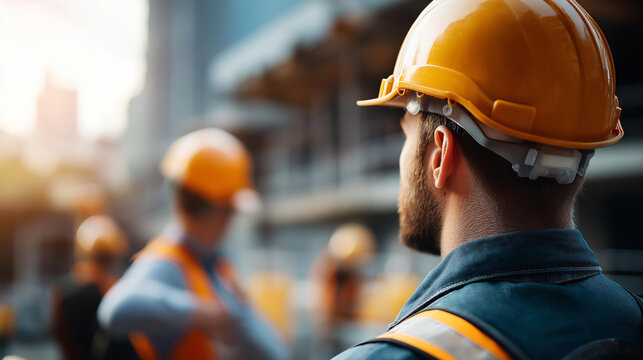 Faceless construction engineers actively working on a building site for site supervision portrait showing workers with helmets and focused teamwork