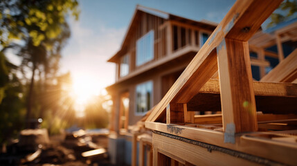 Fototapeta premium Residential house frame under construction on a sunny day showing home building progress