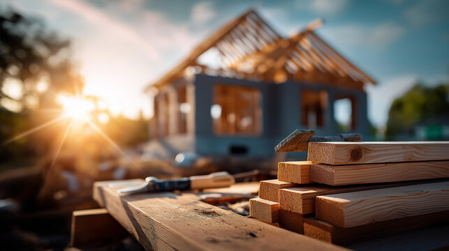 Residential house frame under construction on a sunny day showing building progress at a wooden framing site