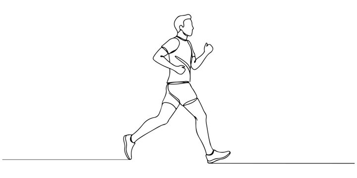 Minimal continuous line drawing of a runner in motion.