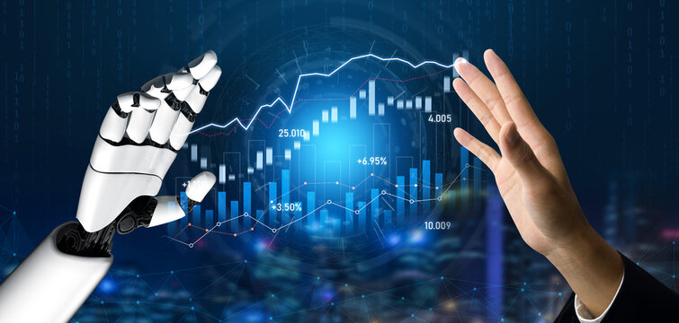 A striking visual of a human hand reaching out to a robotic hand against a backdrop of glowing financial charts and data analytics, symbolizing technology collaboration. Scalp