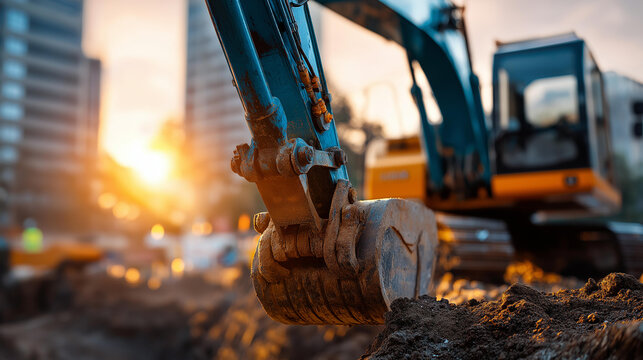 Excavator digging a foundation at an active construction site during earthworks operation with industrial machinery on dirt and soil