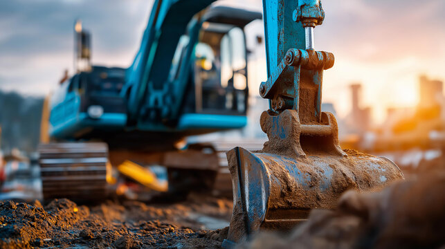 Excavator operator using heavy machinery for foundation excavation and earthworks on an active civil construction site