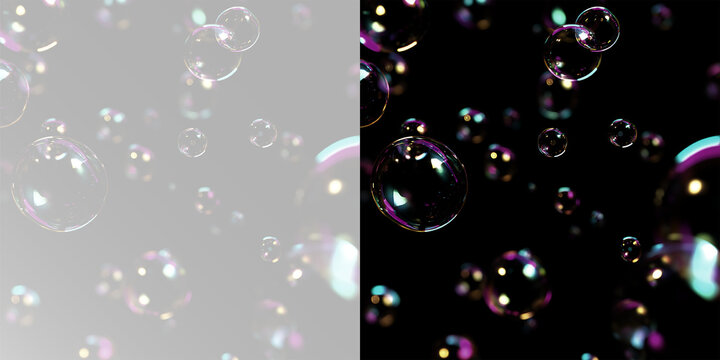 Rainbow soap bubbles with shiny highlights, overlay soap bubbles PNG