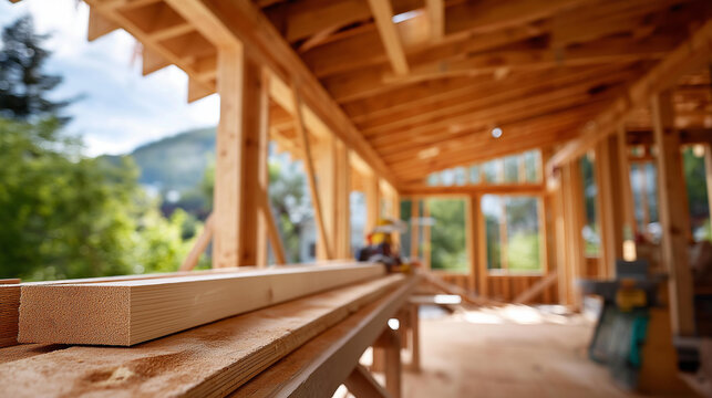 Interior timber frame of a new wooden house under construction showing beams rafters and carpentry in a residential building