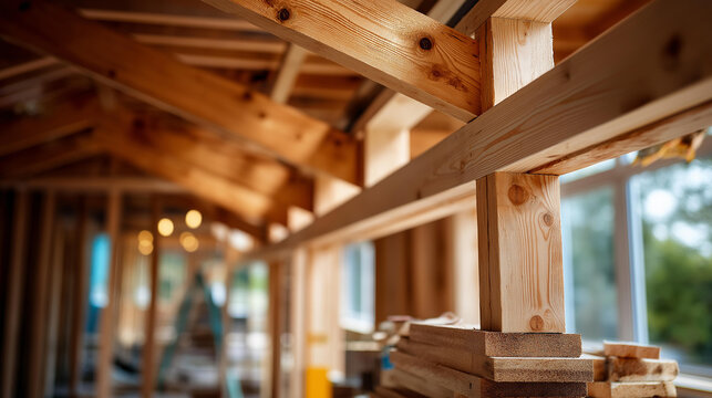 Interior timber frame of a new wooden house under active construction showing residential structure and carpentry details