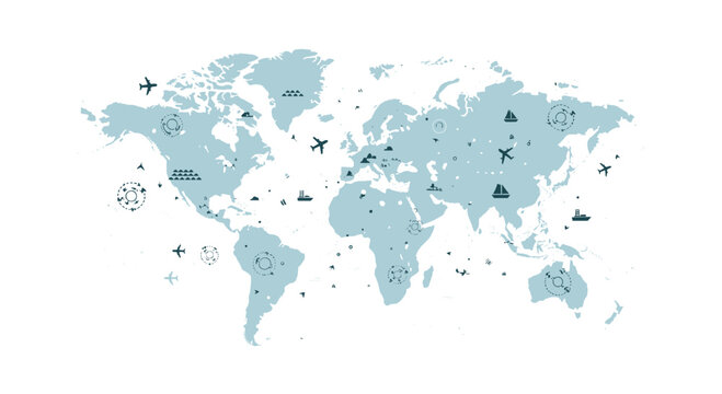 A muted blue world map displays a complex web of global logistics connections featuring tiny icons of airplanes and cargo ships across a vast white space.