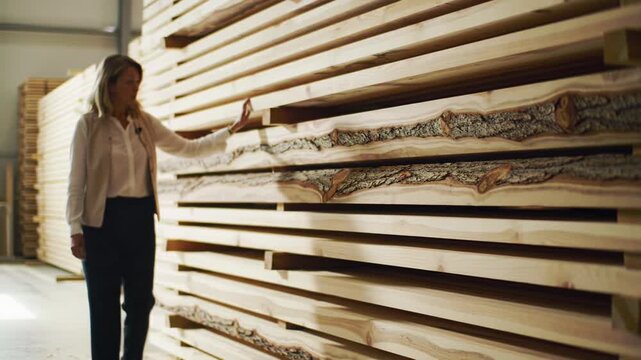 A professional architect in business-casual attire walks along an immense, meticulously organized stack of pristine timber logs in a modern facility, examining the wood grain and consulting a tablet,