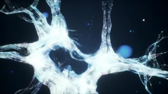 Mesmerizing vibrant digital particles and light tendrils forming an evolving fractal neural network in a dark void, soft bloom, volumetric lighting. Concept of intelligent growth and infinite