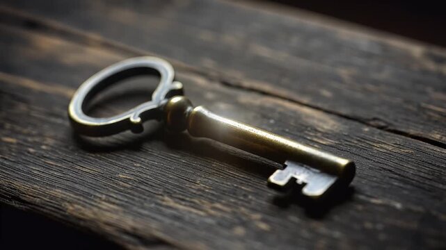 Antique key resting on a weathered wooden surface, close up