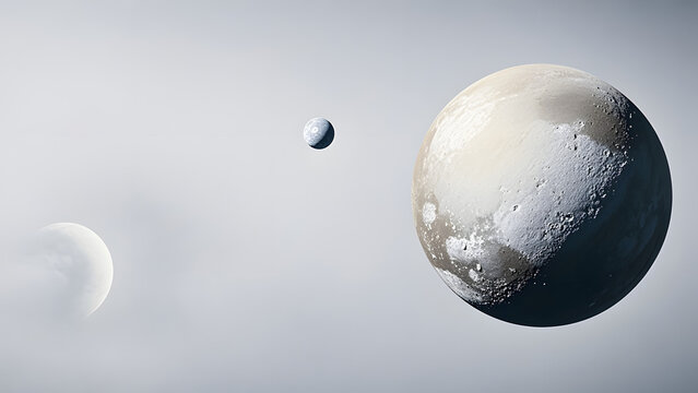 Pluto and its moons in space with cratered icy surfaces