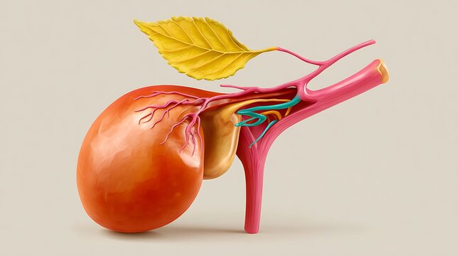 Human Gallbladder Anatomy Model with Bile Ducts and Blood Vessels, Medical Illustration