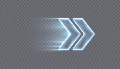 A glowing arrow with a motion effect and a trail of high-speed flow, isolated on a transparent background. Vector directional interface symbol for navigation. © Valeriia
