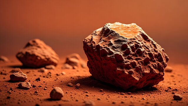 Rugged reddish-brown meteorite rock on Mars-like red soil background