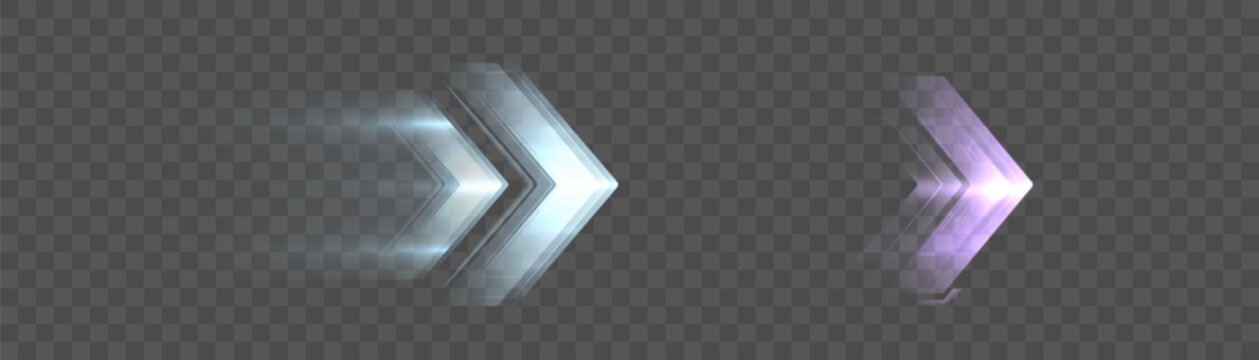 A glowing arrow with a motion effect and a trail of high-speed flow, isolated on a transparent background. Vector directional interface symbol for navigation.