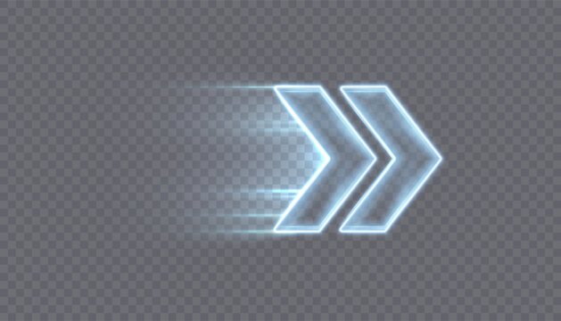 A glowing arrow with a motion effect and a trail of high-speed flow, isolated on a transparent background. Vector directional interface symbol for navigation.