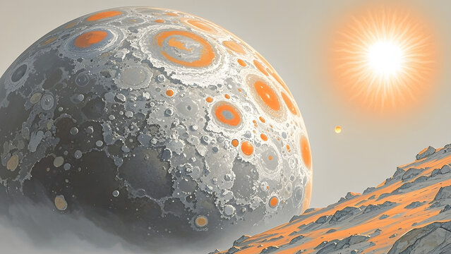 Alien planet with orange circular patterns and rocky surface under bright star