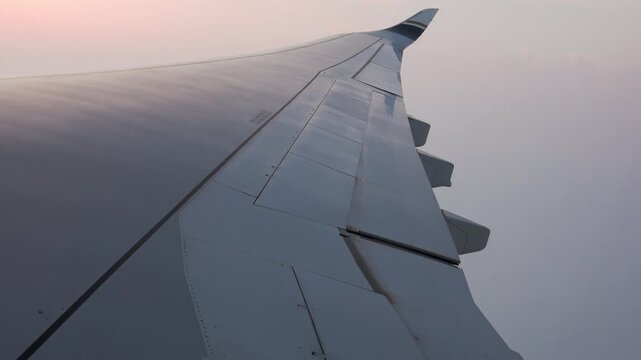 Detailed shot of one set of aircraft flaps in the twilight sky.