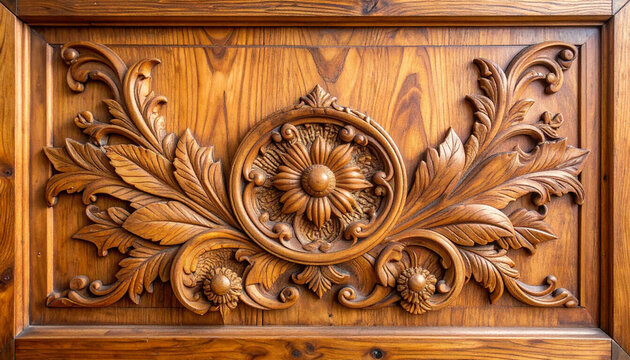 Intricate wood carving depicting floral design detailed decorative panel closeup