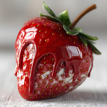 Morango do amor, com calda vermelha caindo sobre ele, fundo confeitaria desfocado e base branca, morango com folhas e cabo de madeira simulando uma ma&ccedil;a do amor.