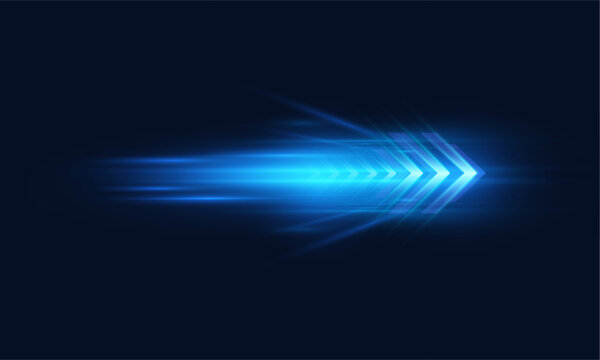 A glowing blue arrow with a fast-moving effect and multi-layered light trails against a dark background. A vector speed effect for interface, technology and transport design.